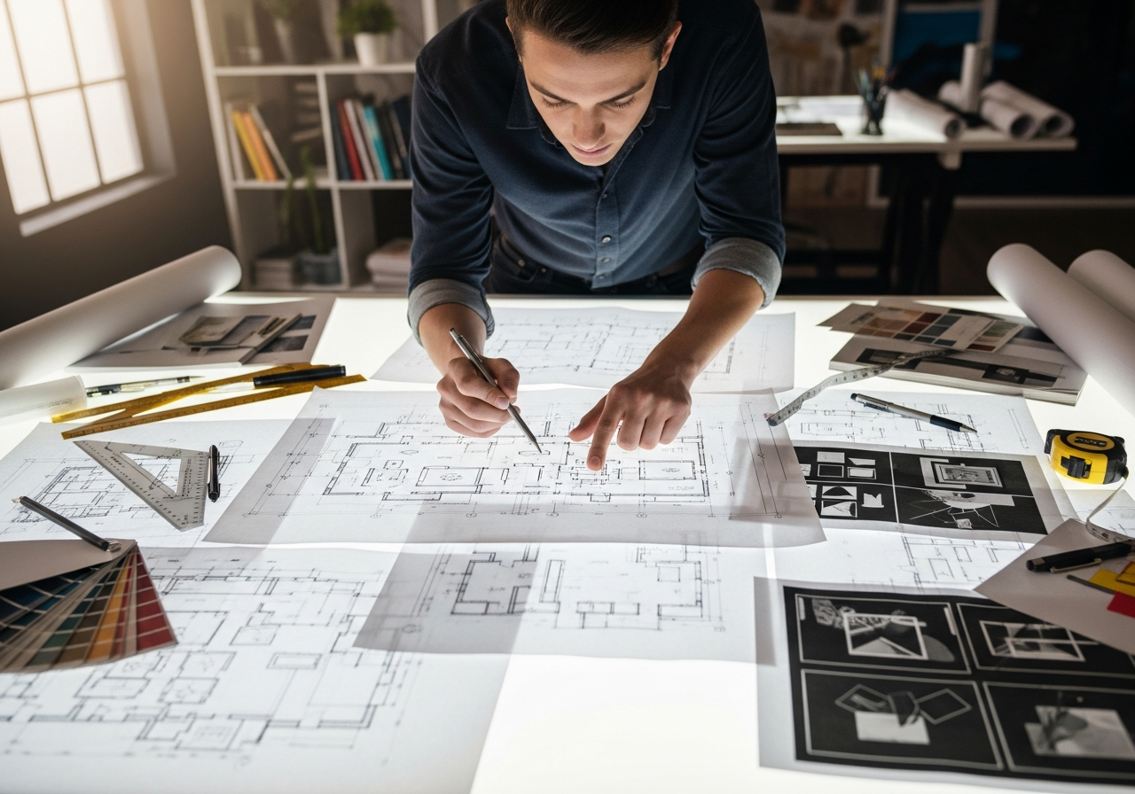 Artista che osserva bozzetti e studi di disegno su un grande tavolo luminoso