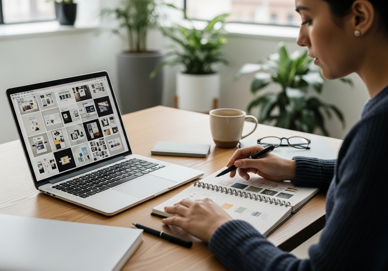 Persona che organizza un portfolio di tavole e schizzi di disegno